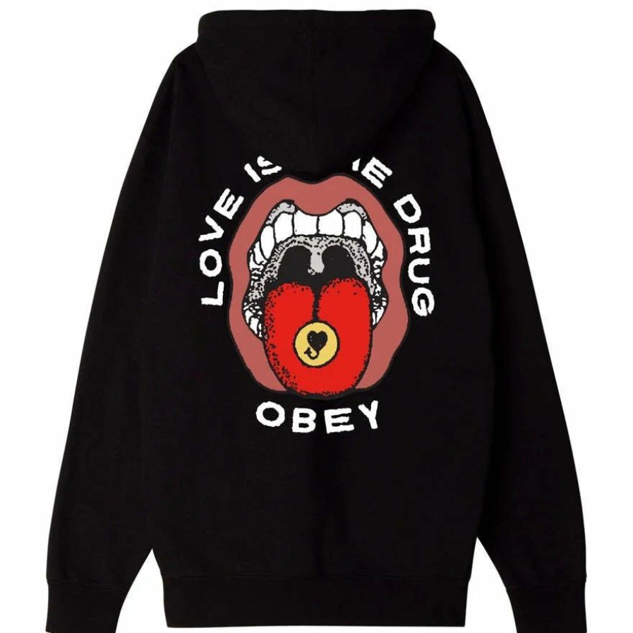 Mens Clothing * | Obey Clearance Sale Love Is The Drug Premium Pullover Hood Black