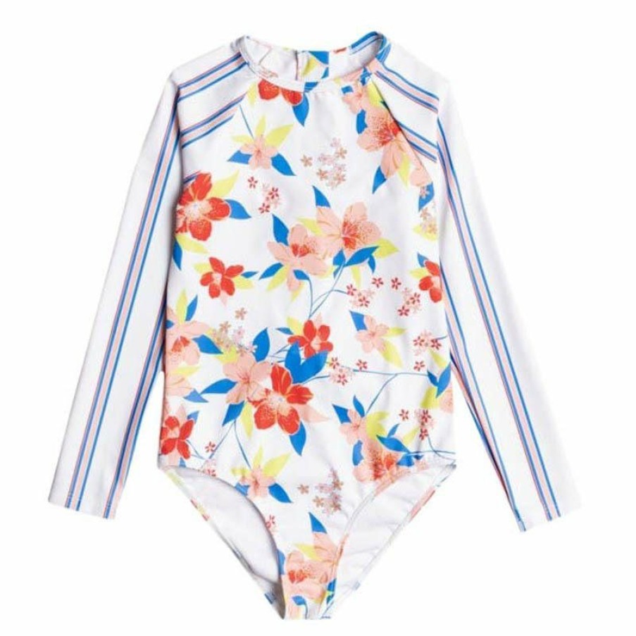 Kids * | Roxy Clearance Sale Girl'S (8-14) Friendly Flower L/S One Piece Rashguard Bright White Saya Light