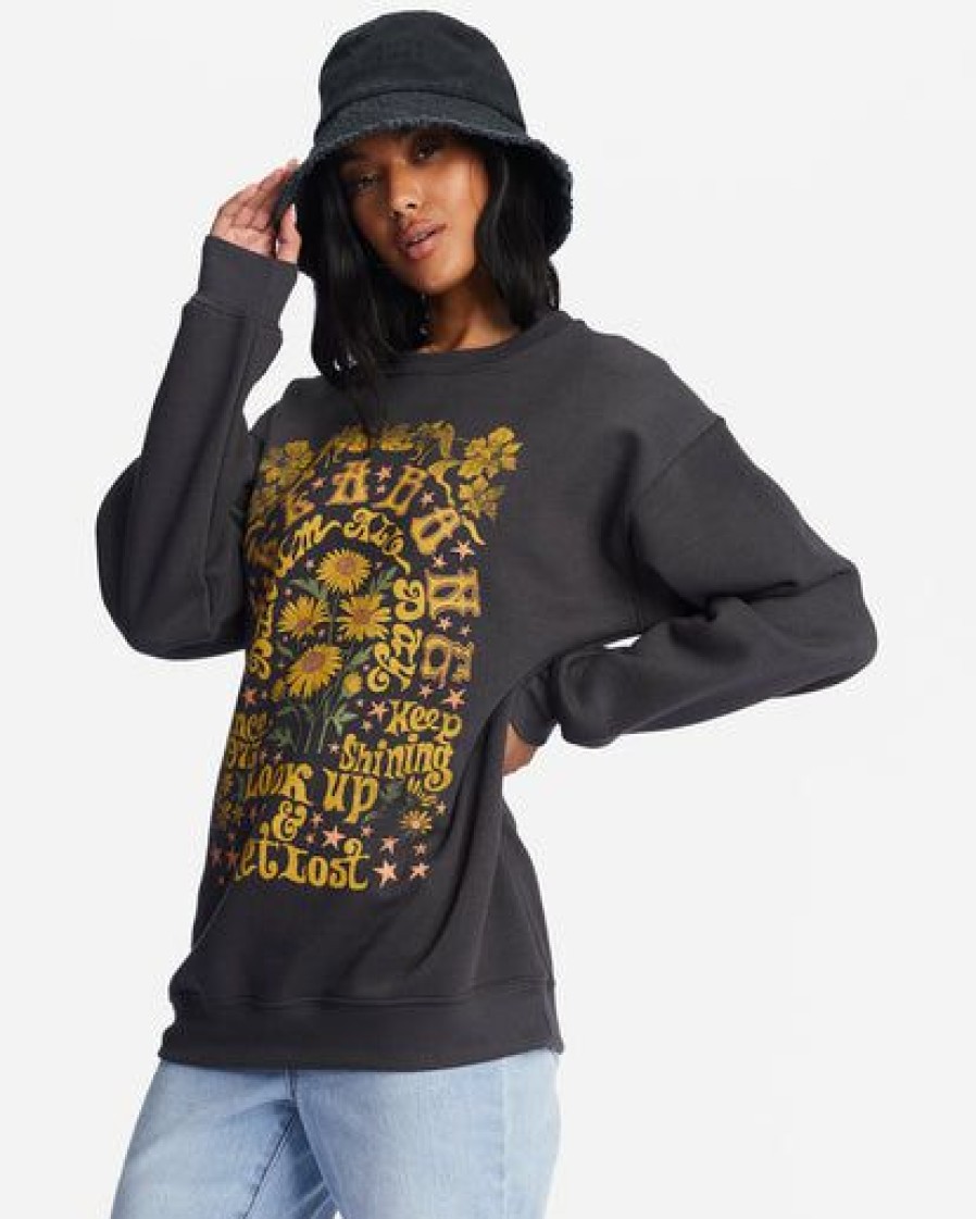 Womens Clothing * | Billabong Good Quality Golden Wonder Oversized Graphic Crewneck Sweatshirt Off Black